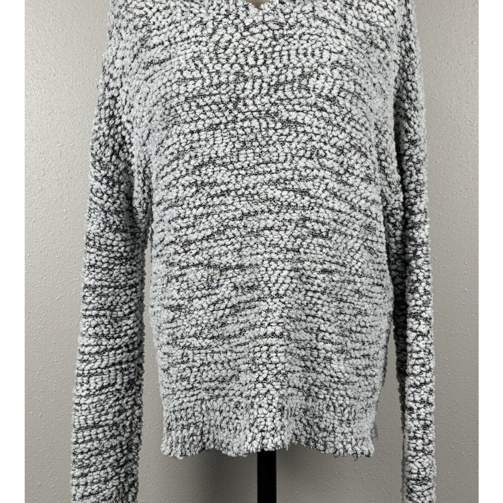 Cozy Womens Hooded Sweater Size Large Gray White Textured Knit Pullover Relaxed